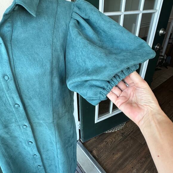 NWT THML Regine Faux Leather Puff Sleeve Shirt Dress Teal Green L Cottage Fall - Picture 6 of 10